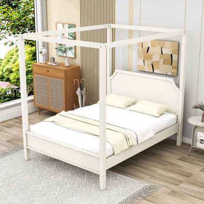 Wooden Canopy Platform Bed with Integrated Headboard and Slats