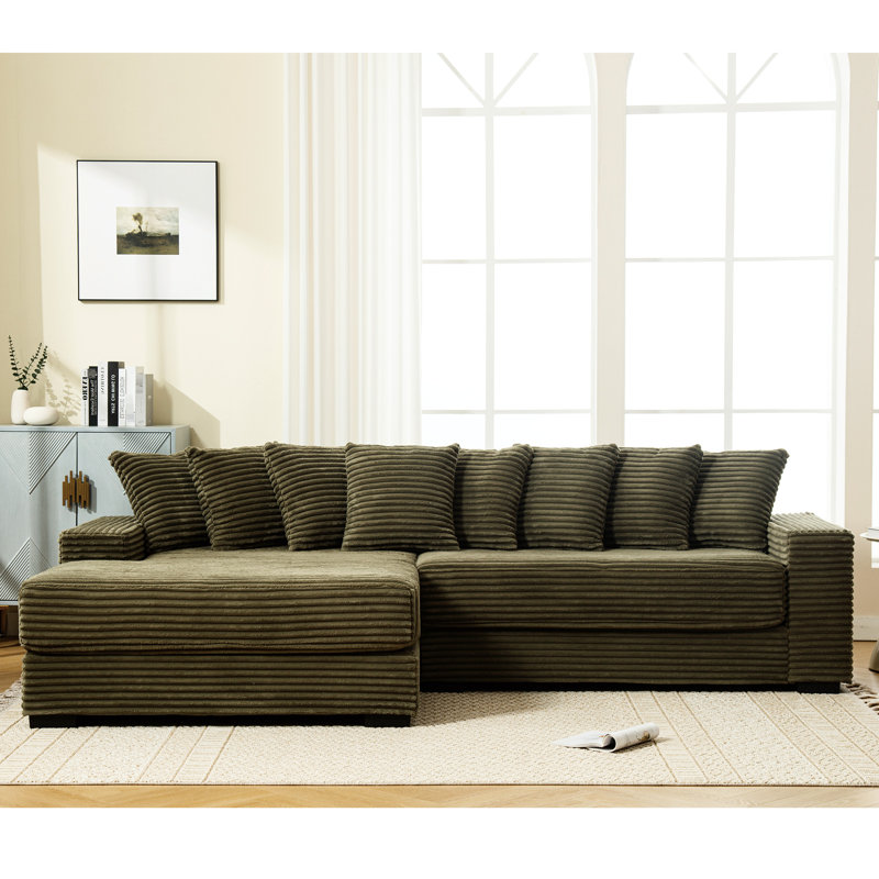 Velours côtelé polyvalent avec méridienne gauche et 8 coussins modulaires surdimensionnés confortables, Vert