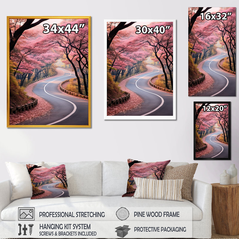 Route rose dans la forêt II, Cadre flottant blanc, H 32 po x l 16 po x P 1 po