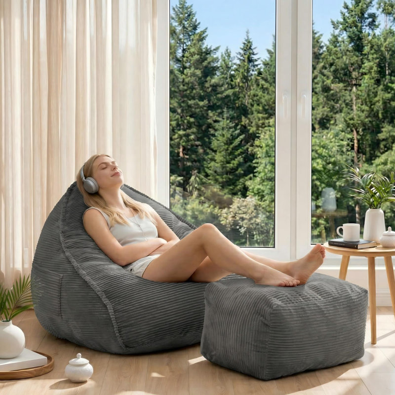 Grand fauteuil à billes avec repose-pieds et poche latérale pour adultes, Velours côtelé gris