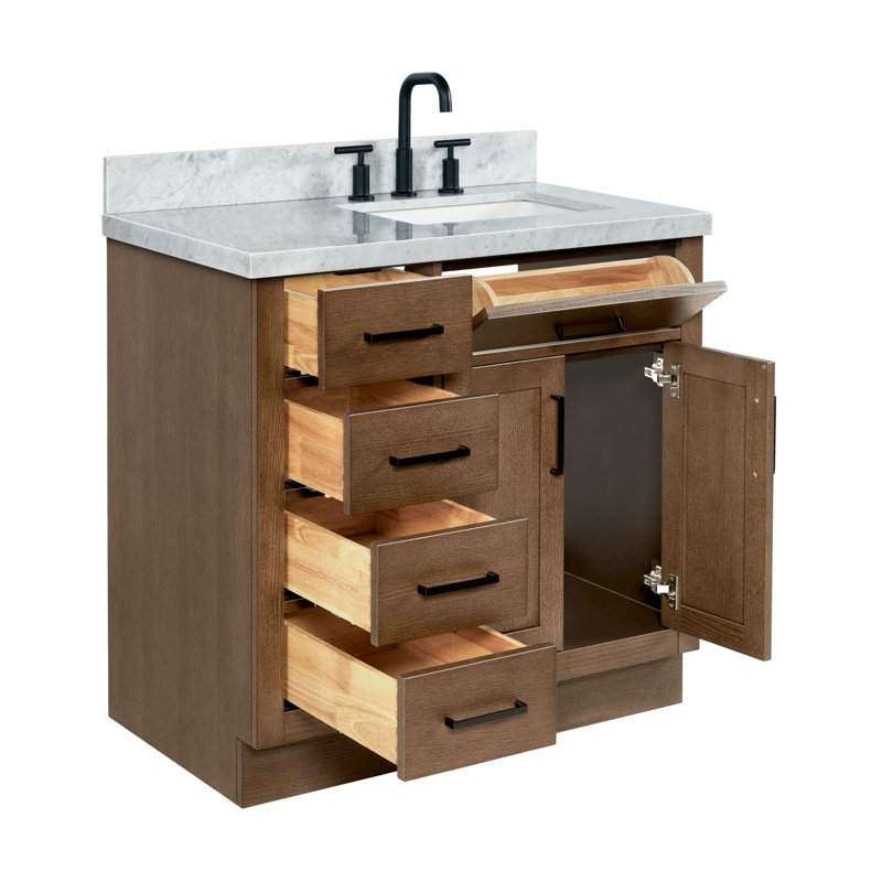 Tidworth 36'' Solid Wood Single Bathroom Vanity with 1.5'' Carrara Marble Top, Right, Rectangular, Brown Oak/Matte Black