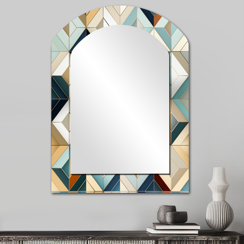 Antique Beige Vintage Tiles - Geometric Arch Decorative Wall Mirror, Modern Asymmetrical Mirror, Printed Metal Art, 34" x 25"