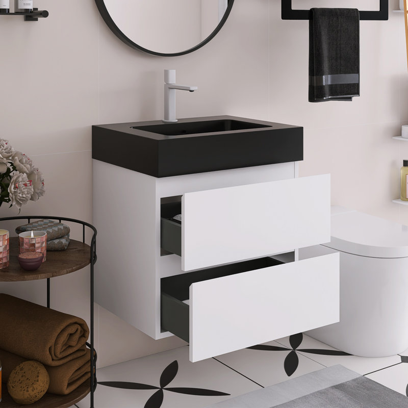 Meuble-lavabo mural 24 po avec lavabo, Blanc, Noir