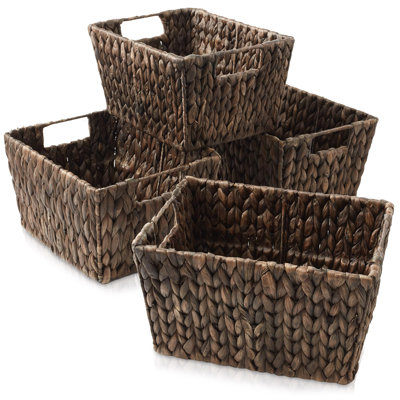 Water Hyacinth Storage Baskets With Handles,Woven Rectangular Storage Bins For Shelves,(Set Of 4/Brown)