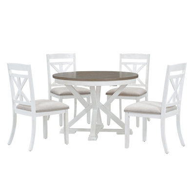 5-Piece Retro Functional Dining Table Set Extendable Round Table And 4 Upholstered Chairs For Dining Room And Living Room