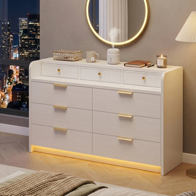 6-Drawer Dresser with RGB LED Lights & Charging Station, White Linen Texture Chest of Drawers