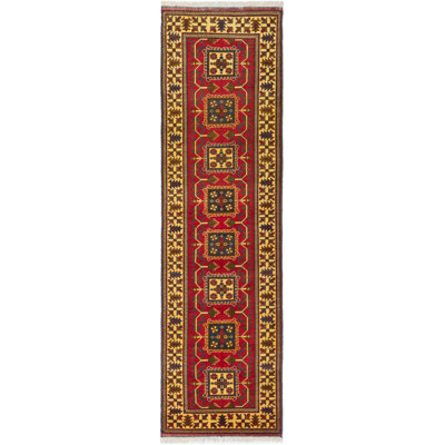 Tapis de couloir unique en laine noué à la main style Kargahi des années 2010 de 2 pi 9 po x 9 pi 11 po jaune / rouge Guernon