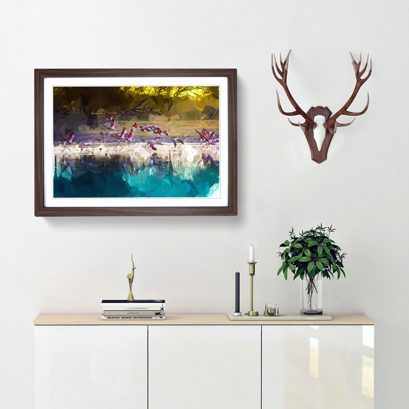 Flamingos Taking Flight in Abstract - Picture Frame Graphic Art Print, 48cm H x 65cm W x 2cm D, Walnut Framed