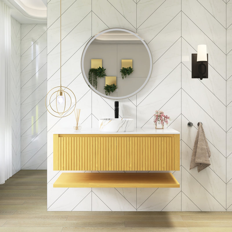 Meuble-lavabo mural 48 po avec comptoir en pierre frittée et lavabo en céramique blanche