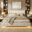 European King(160X200cm) Floating LED Linen Bed Frame With USB Charging Station, Beige Upholstered Platform With Underbed Light