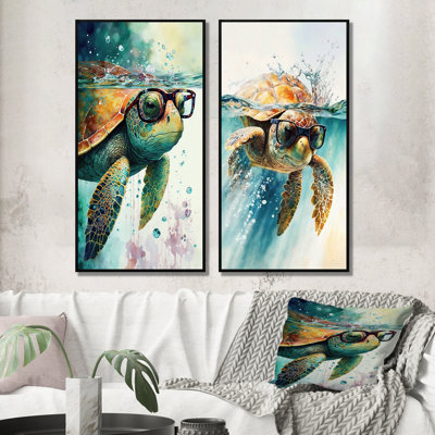 Turtle With Glasses In The Ocean II - Turtle Wall Art Set of 2 Piece