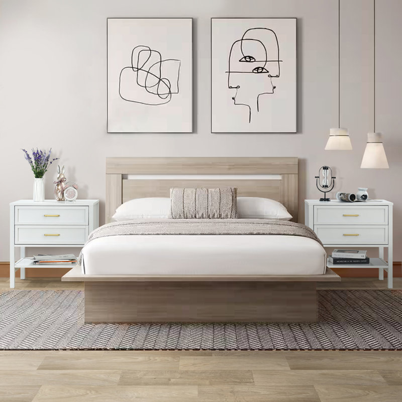 Table de chevet 2 tiroirs Elora, table de chevet avec tiroirs de rangement, table de chevet pour chambre à coucher, table de bout ou table d'appoint pour le salon, P 15,5 po x l 23,6 po x H 24,2 po, blanc