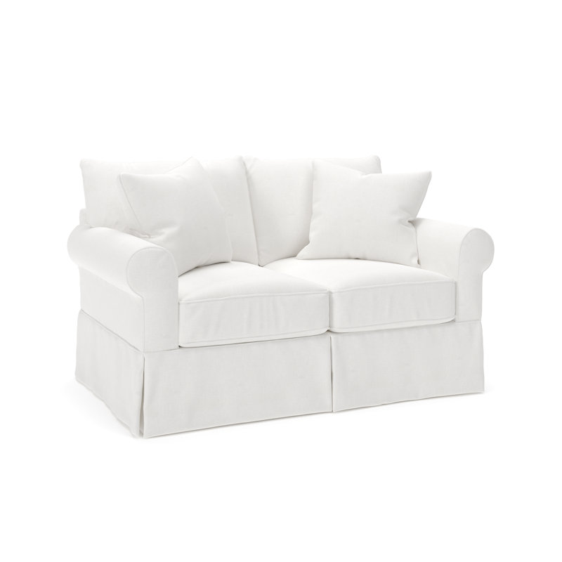 Amari 63" Rolled Arm Slipcovered Loveseat, Drusky Moonglow Sustain® Basketweave