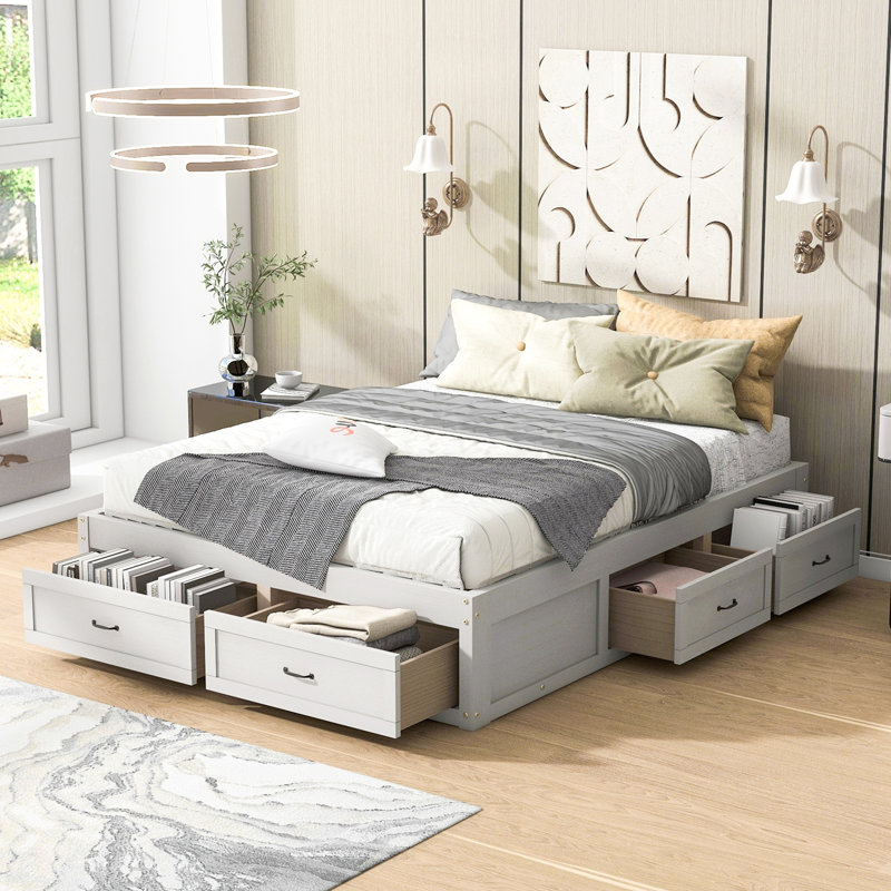 Grand lit plateforme avec 6 tiroirs de rangement, Grand lit, Blanc antique