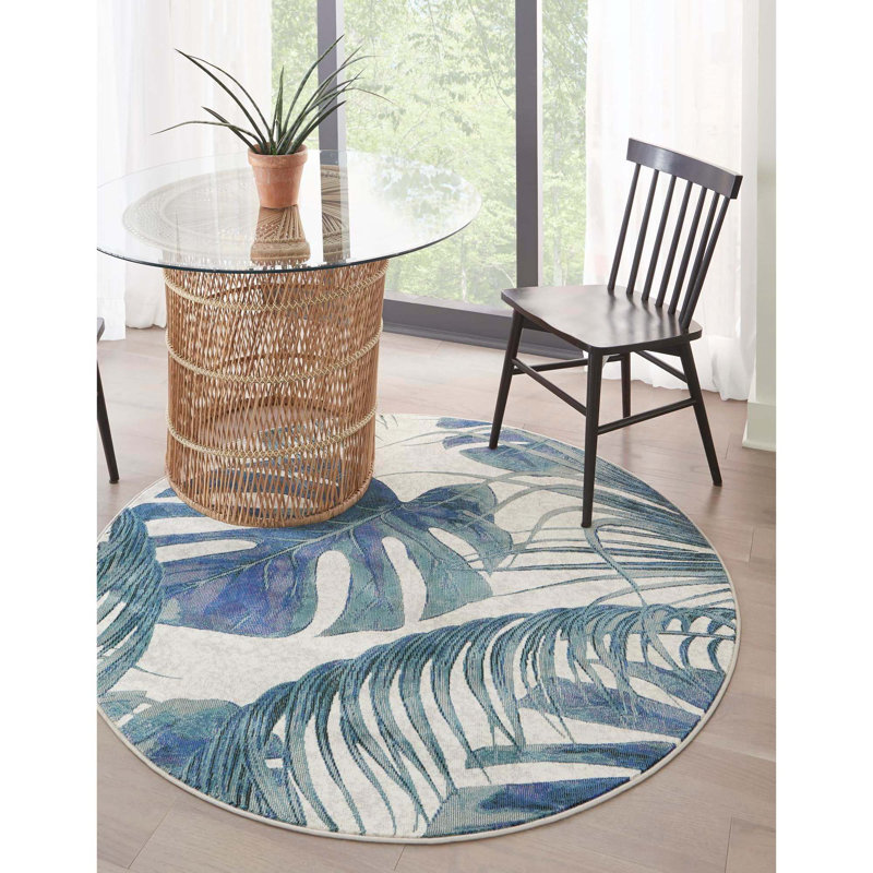 Tapis vert / blanc à motif floral Abira, Rond 10 pi