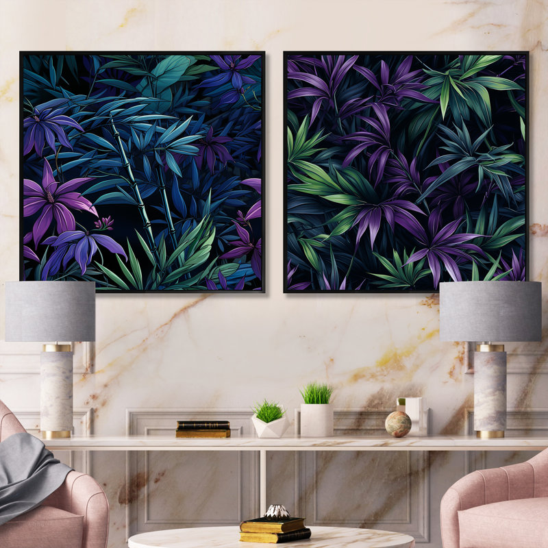 Bambou crépuscule vert et mauve motif tropical - ensemble de collage carré tropical, Cadre flottant noir, H 16 po x l 33 po
