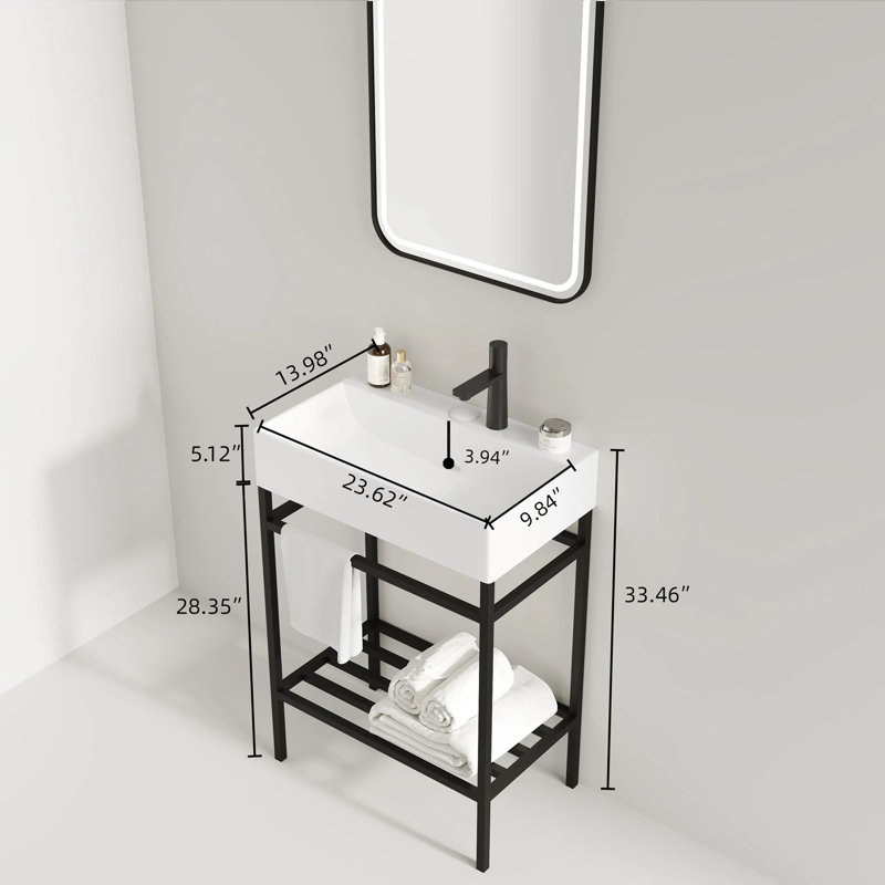 Meuble-lavabo autoportant avec lavabo en céramique, Noir, noir, noir, noir, Blanc