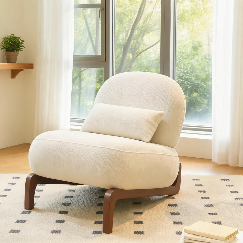Fauteuil de chambre moderne sans accoudoirs à dossier arrondi avec pieds en bois massif et revêtement en velours doux, Blanc