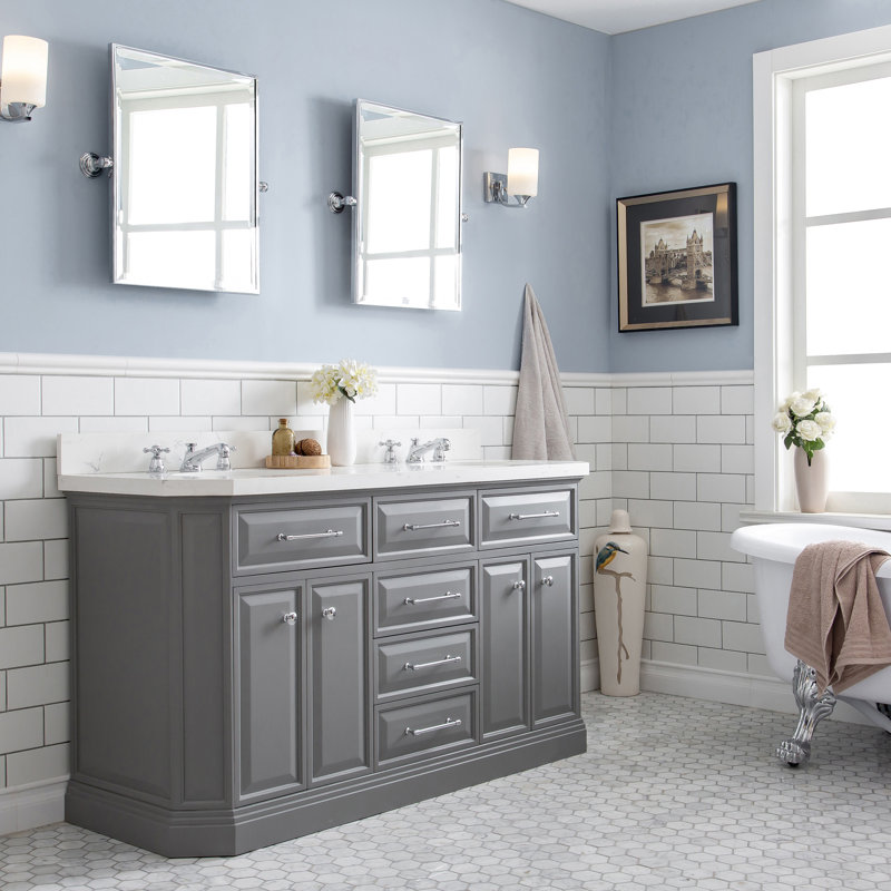 Bruning 60" Carrara Engineered Marble Countertop Bath Vanity with Faucet, Cashmere Gray, Chrome Deck Mount