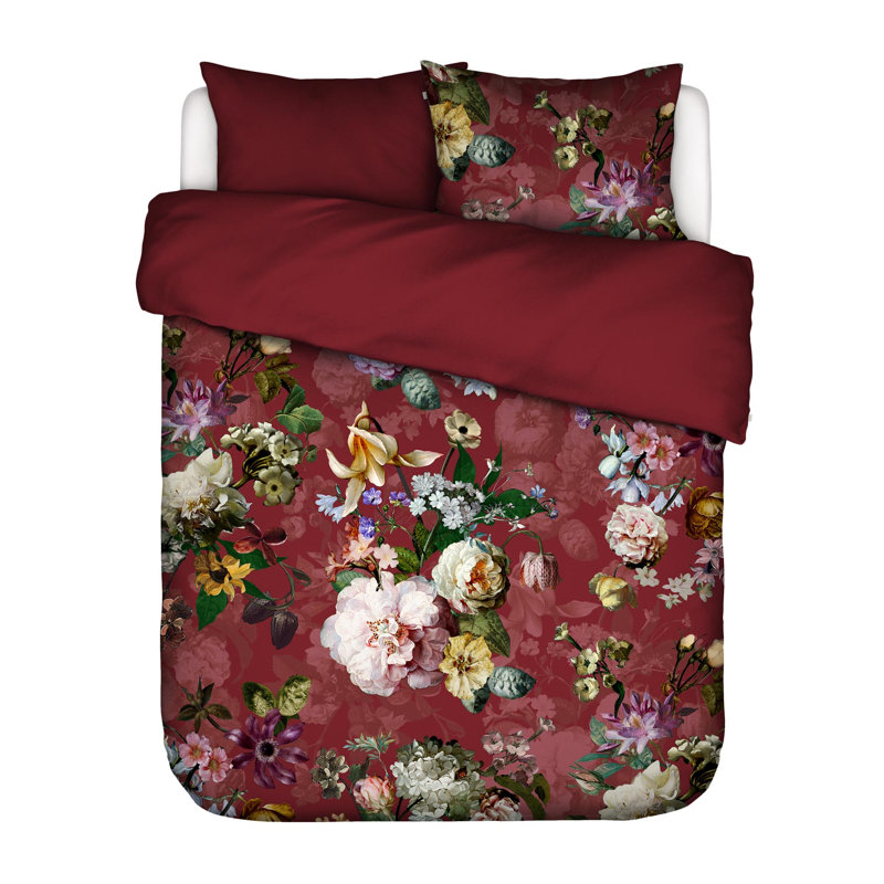 Cotton Floral Duvet Cover with Pillowcases, Red