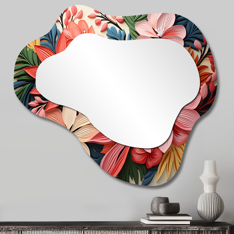 Pink Floral tropical jungle pattern IV - Floral Cloud Mirror, Pink Asymmetrical Decorative Wall Mirror, Printed Metal Art