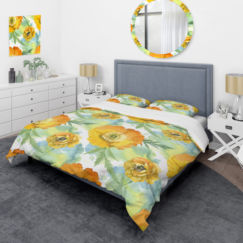 Fleurs de pavot jaunes - ensemble de housse de couette floral - microfibre de polyester