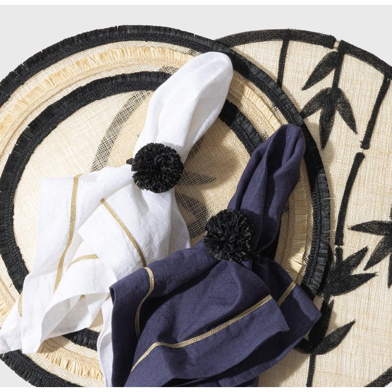 Straw Pompom Napkin Rings, Black