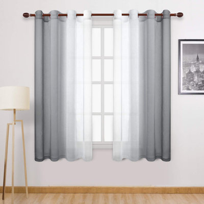 Grey Sheer Curtains - Faux Linen Gradient Grommet Top Semi Voile Bedroom And Living Room Curtains, Set Of Window Curtain Drapes, 52 X 72 Inch Length