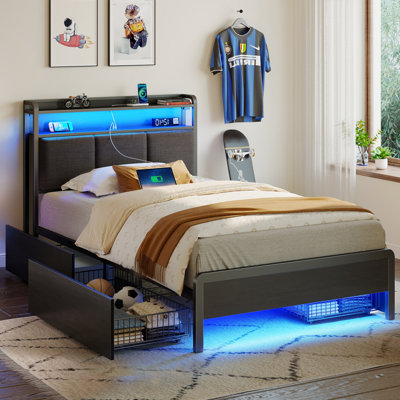 Franzi Bed with Storage Headboard, Bed Frame with 4 Storage Drawers, Charging Station and RGB  LED Lights