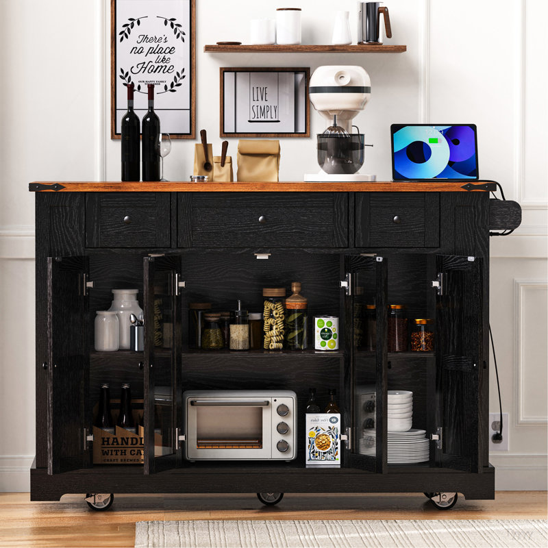 53'' Farmhouse Kitchen Island With Two Tempered Glass Cabinet Doors, Power Outlet, Rolling Kitchen Cart On Wheels With Drop Leaf, 5 Open Side Racks, 3 Drawers, For Kitchen, Dining Room, Black