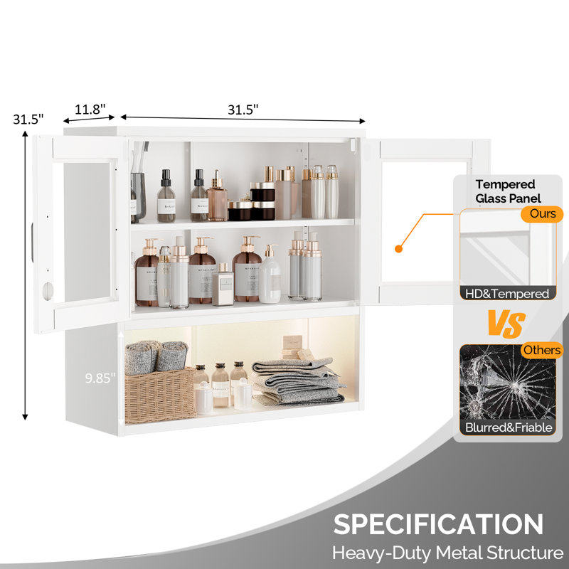 Steel Tool Storage Cabinet White Hanging Cabinet With Light, White