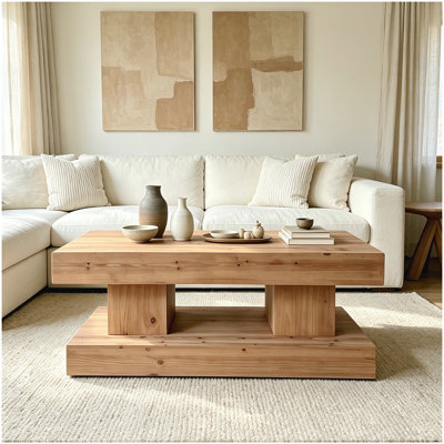 47.24"Natural solid wood coffee table with thick top and double pillar base. Classic rustic & minimalist style, sturdy and practical.