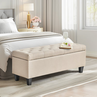 Jalob 42'' W Storage Ottoman Bench, End of Bed Storage Bench, Button Tufted Fabric Storage Ottoman, Solid Wood Leg, Safety Hinge, 330 LBS Load, Ottoma