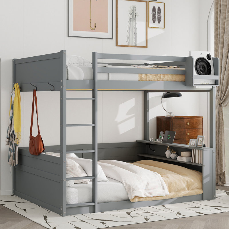 Lit superposé en bois avec tablettes intégrées, gris