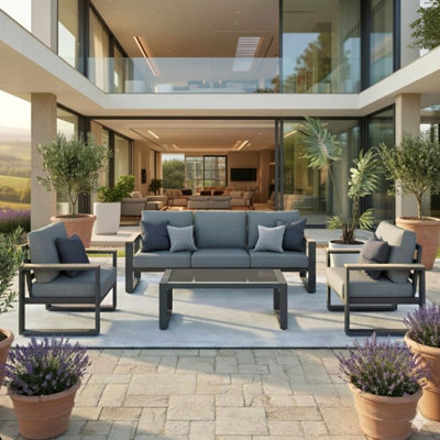 Ensemble de meubles de patio en aluminium 4 pièces toutes saisons, canapé de conversation 5 places avec coussins de dossier gris extra épais de 10 pouces et table en verre