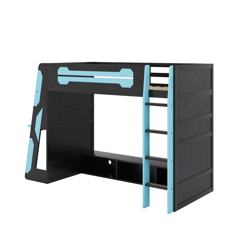 Twin Size Wood Loft Bed With Desk,And RGB Light, Cloud Blue