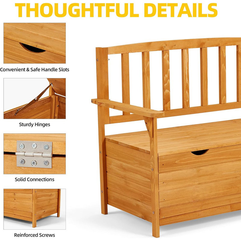 Outdoor Wooden Storage Bench, Patio Storage Box With Portable Handle & Seating, Deck Storage Bench With Armrest And Backrest For Backyard & Balcony, Yellow