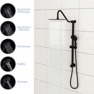 10 Inch Matte Black Shower System. 5 Function Hand & 26.3" Slide Bar . Wall Mount, Easy Install. Rain, Massage, Bubbly Settings. Includes Head, Handheld, Hose. Clean With Nozzle. No Valve Trim System