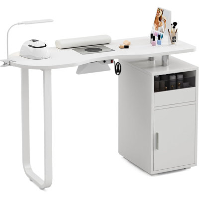 Table de manucure pour Nail Tech, station de clou résistante à l'acétone avec dépoussiéreur et lampe à DEL, table de clou avec coussin de poignet, tiroir et armoire pour salon, poste de travail de beauté à domicile
