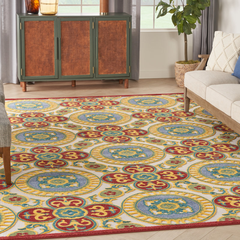 Tapis intérieur / extérieur rouge / multicolore Malanie Aloha, Rectangulaire 7 pi x 10 pi