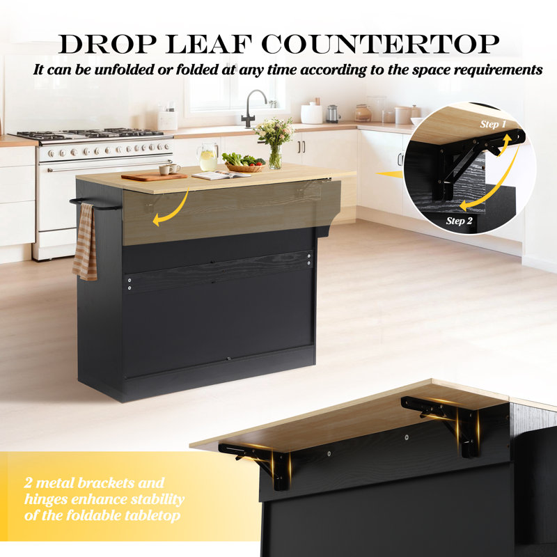 Rolling Kitchen Island Cart W/drop Leaf, Portable Kitchen Islands W/storage Cabinet, Drawer, Spice Towel Rack, Island Table For Kitchen W/trash Storage Cabinet, Mobile Island Table, Black