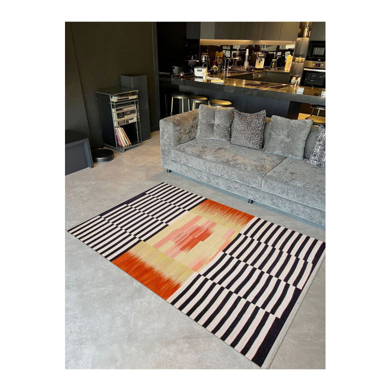 Tapis décoratif géométrique à rayures orange lavable à la machine, Sous-tapis rectangulaire de 3 pi 3 po x 4 pi 11 po