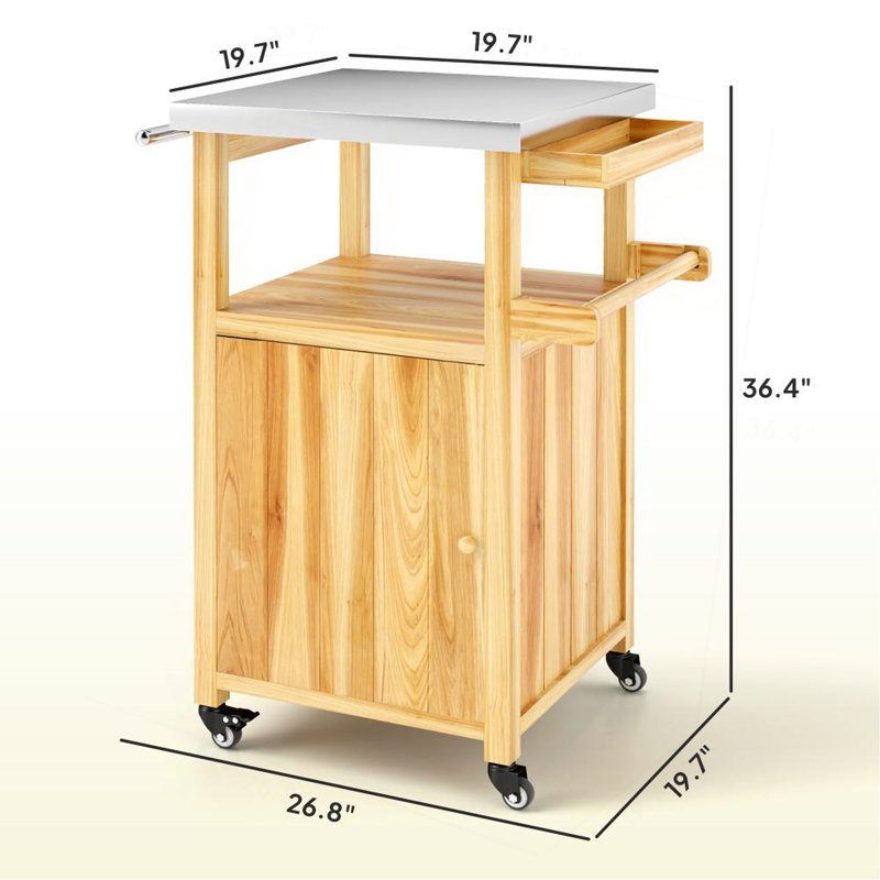 Îlot de cuisine en bois, chariot de barbecue extérieur, avec plateau en acier inoxydable, roues, trou intégré