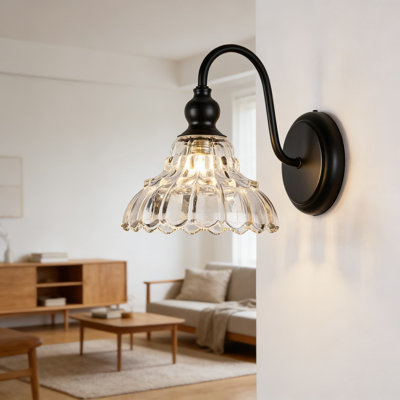 Modern Black Wall Sconce With Pressed Patterned Glass Shade, Retro Vanity Light For Bathroom, Bedroom, And Farmhouse Decor, 1-Light Metal Fixture