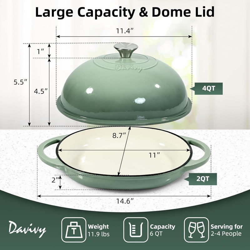 Cocotte en fonte émaillée de 6 pintes Davivy avec tapis de cuisson en silicone vert sel de mer, Vert sel de mer