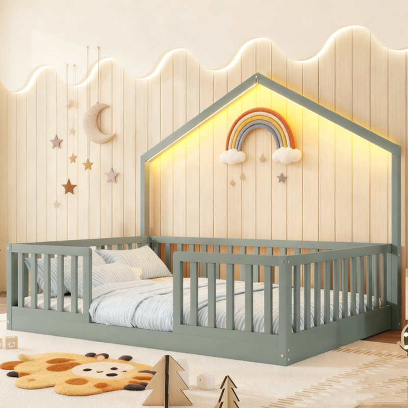 Lit sur pied avec rails hauts, lit Montessori en bois avec lumière, Lit simple, Gris