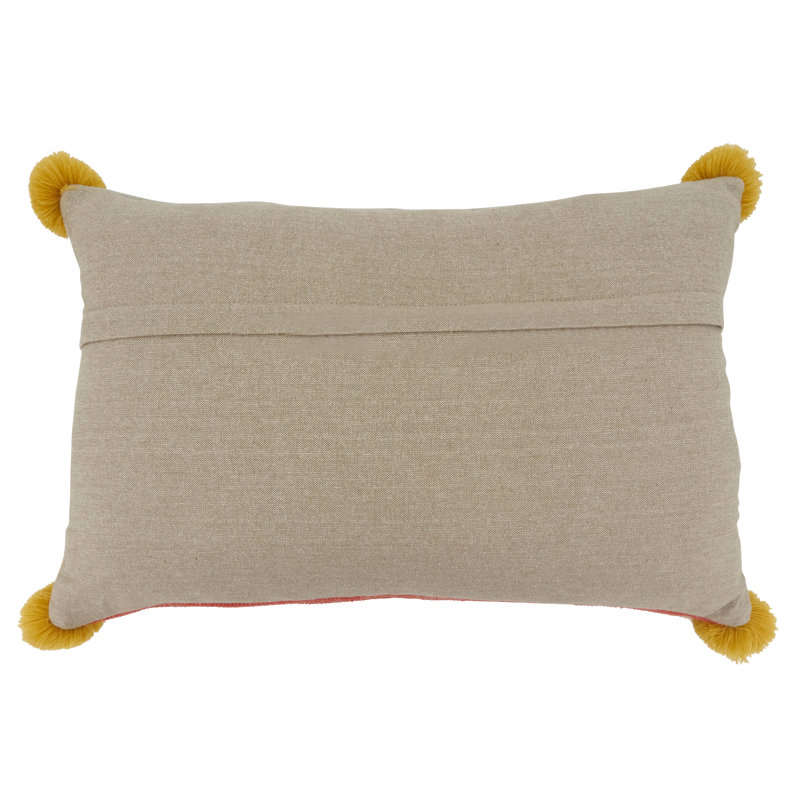 Multicolor Geometric Embroidered Cotton Lumbar Pillow with Pom Poms
