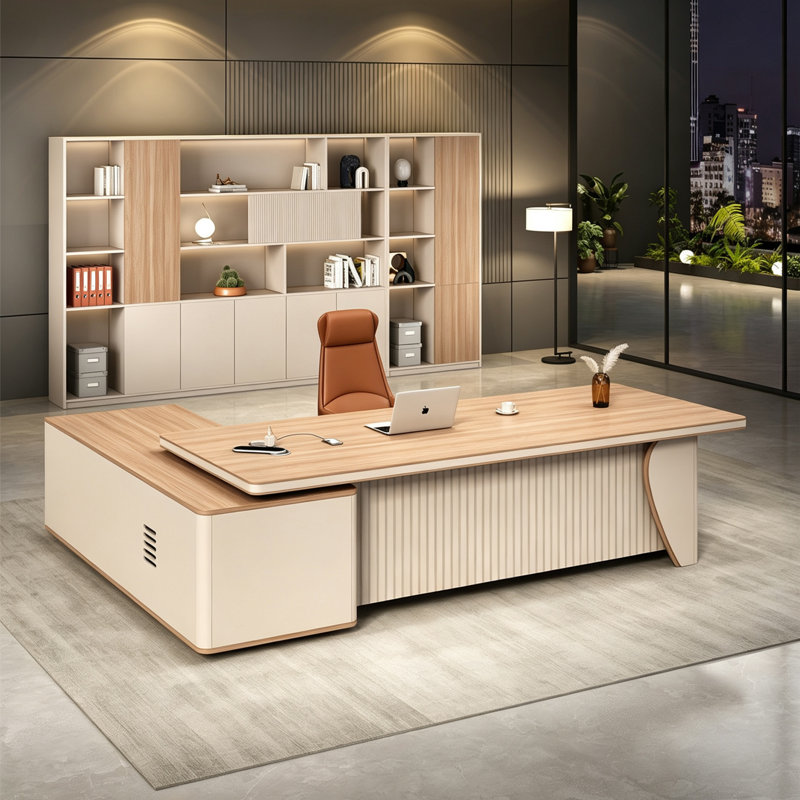 Bureau de direction moderne et luxueux de 118,11 pouces – Bureau d'angle en L en panneaux de particules avec rangement latéral pour bureau de PDG