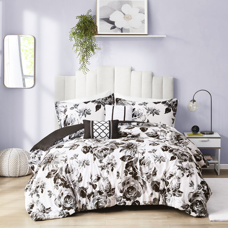 Édredon pleine grandeur à imprimé floral avec microfibre ultra douce noire et blanche, 2 taies décoratives, coussin décoratif pour lit simple TG, sur-imprimé, rembourrage, 1 taie décorative, coussins,
