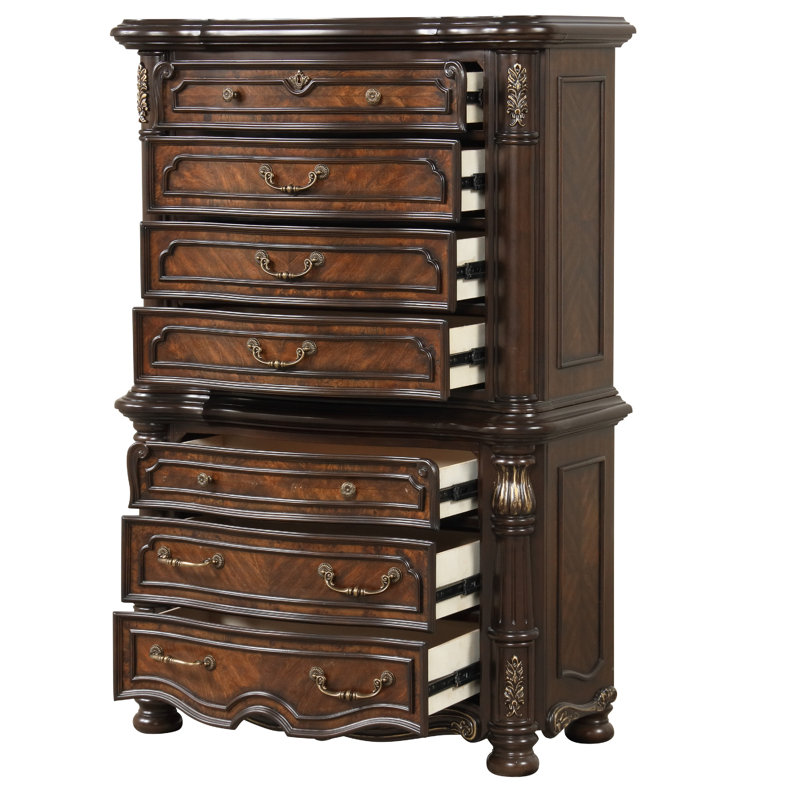 Commode haute Ruth avec incrustations de ronce, 7 tiroirs, bois brun acajou